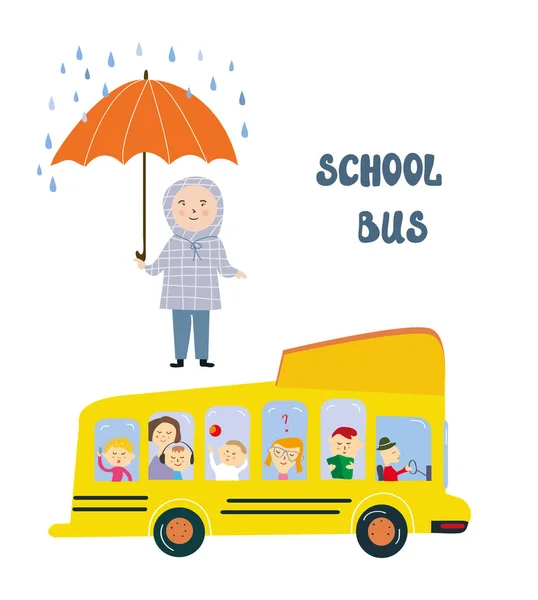 Schoolbus Kind Bij Halte Onder Regen Concept Van Veiligheid Bescherming — Stockvector