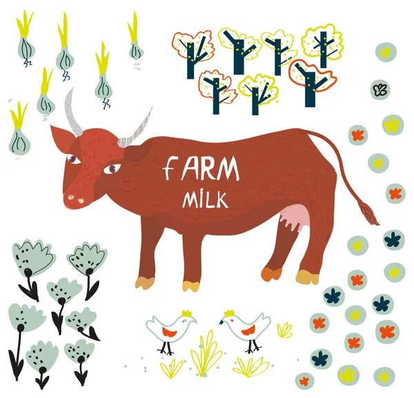 Boerderij Melk Poster Label Met Koe Bloemen Vogels Grafisch Ontwerp — Stockvector