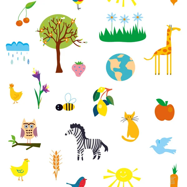 Charakter Jednolity Wzór Ikonami Kwiaty Zwierzęta Owoców Drzew Dla Dzieci — Wektor stockowy