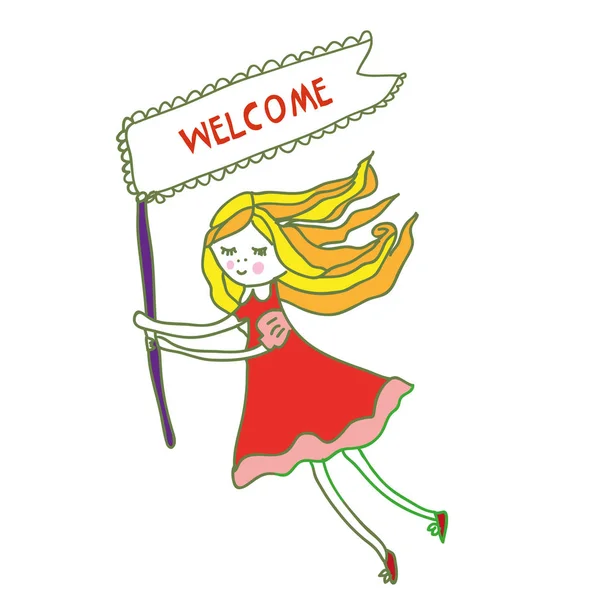 Bannière Bienvenue Avec Petite Fille Pour Enfants Style Esquissé Illustration — Image vectorielle