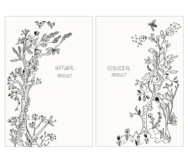 花卉和植物的生态产品标签或贴纸 矢量图形插图 粗略风格 — 图库矢量图片