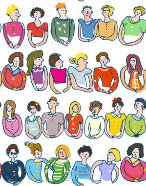 İnsanlar seamless modeli, yarım yamalak stil grubu. Vektör grafik illüstrasyon