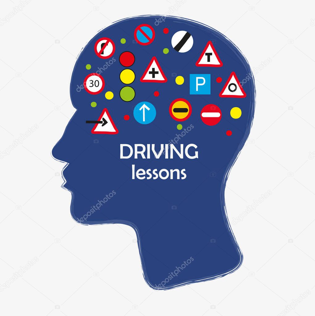 Driving school poster with road signs and head. Vector graphic illustration
