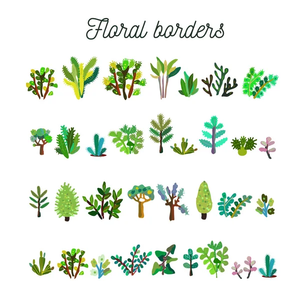 Florale Grenzen Mit Vielen Pflanzen Und Blättern Gesetzt Vektorgrafische Illustration — Stockvektor