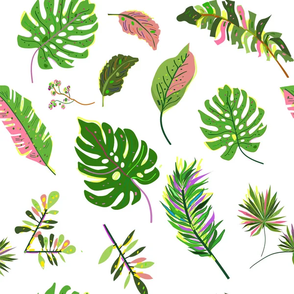 Тропические Листья Бесшовный Узор Многими Растениями Векторная Графическая Иллюстрация Рисунком — стоковый вектор