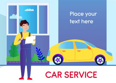 Otomotiv servis onarım merkezi arka planı ve kontrol listesiyle mahsur kalan işçi. Vektör grafik illüstrasyonu