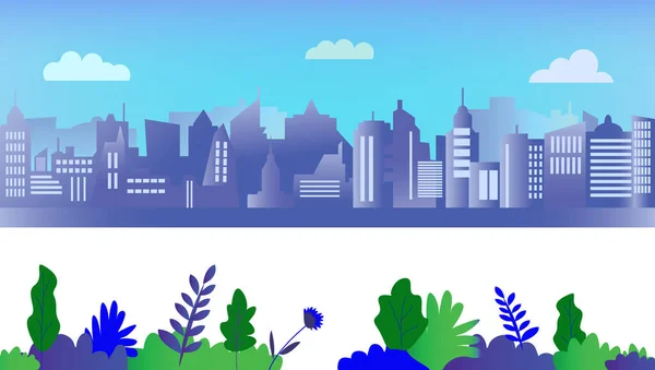 城市景观元素设置与大型建筑和城市植物 矢量图形横幅 — 图库矢量图片