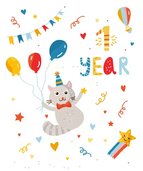 One Year Birthday Card Kid Cute Design Celebration Vector Graphic — Stock Vector