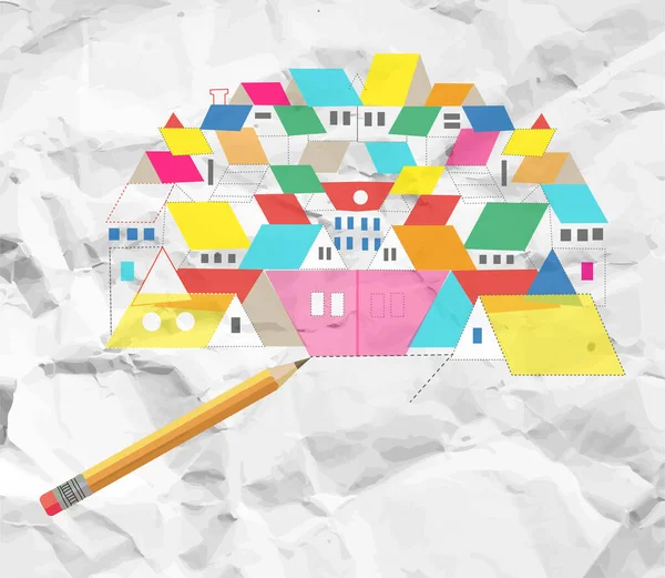 鉛筆で紙の上の都市や町の計画 手描きでベクトルグラフィックイラスト — ストックベクタ