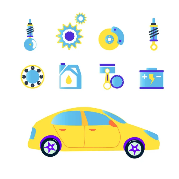 Auto Reparatur Set Symbole Flachen Lustigen Stil Vektorgrafische Illustration — Stockvektor