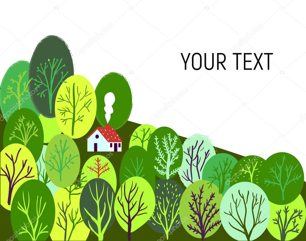 Spring or summer landscape with trees and bushes and small house, cute design for the card. Vector graphic illustration