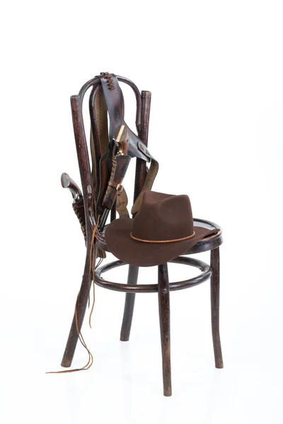 Cowboy Belt Guns Hat Old Chair Isolated Background — Stock Photo, Image