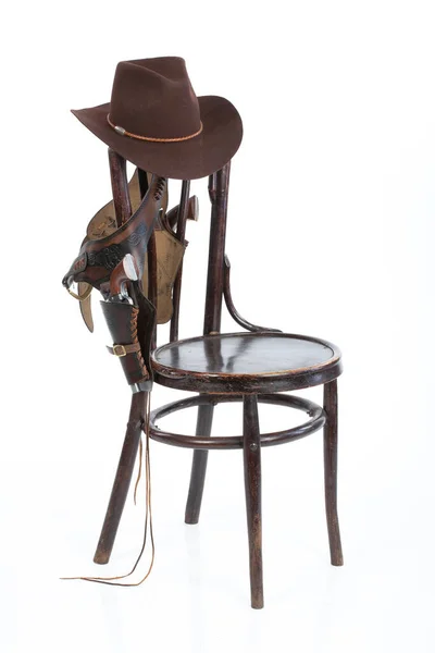 Ceinture Cow Boy Fusils Chapeau Sur Une Vieille Chaise Sur — Photo