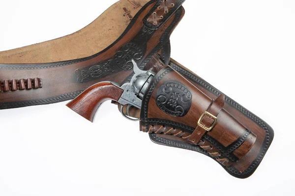 Lederen Cowboy Holster Revolver Een Geïsoleerde Studio Achtergrond — Stockfoto