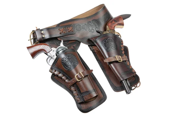 Kožené Kovbojské Pouzdro Revolvery Pozadí Izolovaného Studia — Stock fotografie