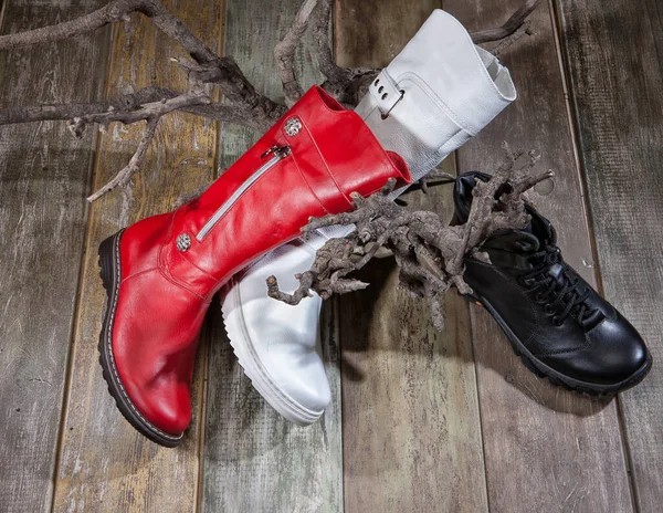 Diferentes Tipos Sapatos Uma Mesa Madeira — Fotografia de Stock