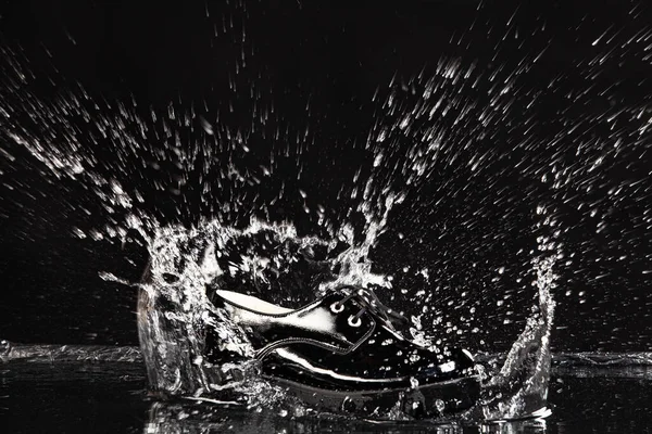 Shoe falling into the water on a studio background