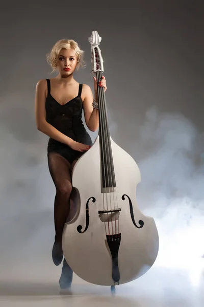 Young Woman Black Underwear Double Bass — Stock Photo, Image