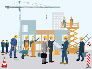 Construction site with workers and architect