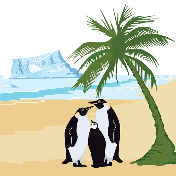 Klimaat opwarming met pinguïn en palm — Stockvector