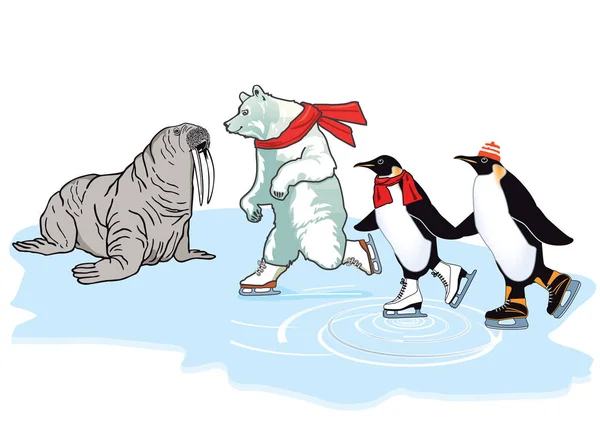 Orso polare, pinguino e tricheco pattinaggio — Vettoriale Stock