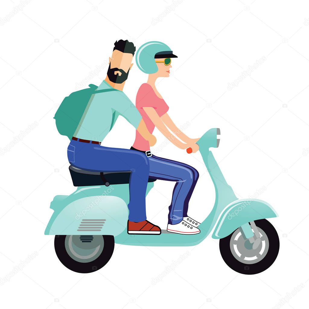 A man and a woman are riding a scooter