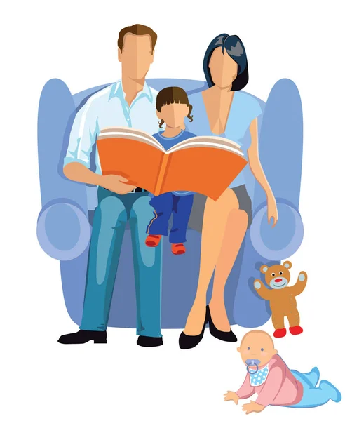 Familia feliz leyendo un cuento a los niños — Vector de stock