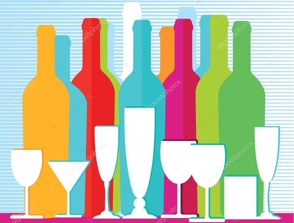 wine glass, spirits and bottle silhouettes, vector
