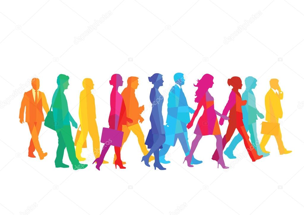 A group of people walking in the city. illustration