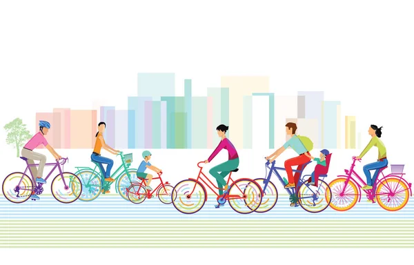 Un grupo de ciclistas en la ciudad — Vector de stock