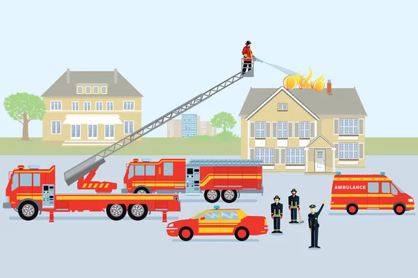 Пожарные и пожарные. Красная пожарная машина — стоковый вектор