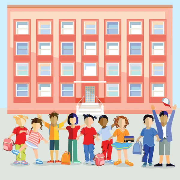 Przyjemne dzieci w wieku szkolnym przed budynkiem szkoły — Wektor stockowy