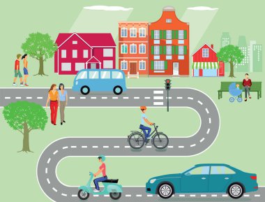 Community with road traffic and people clipart