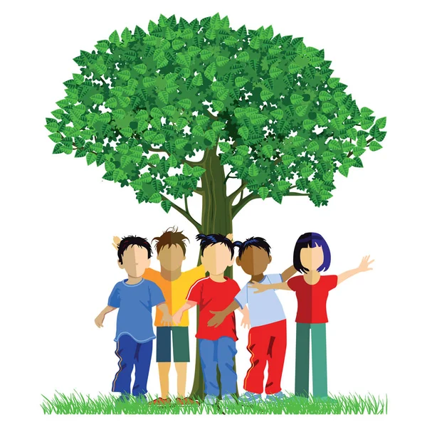 Bambini felici intorno a un albero illustrazione — Vettoriale Stock