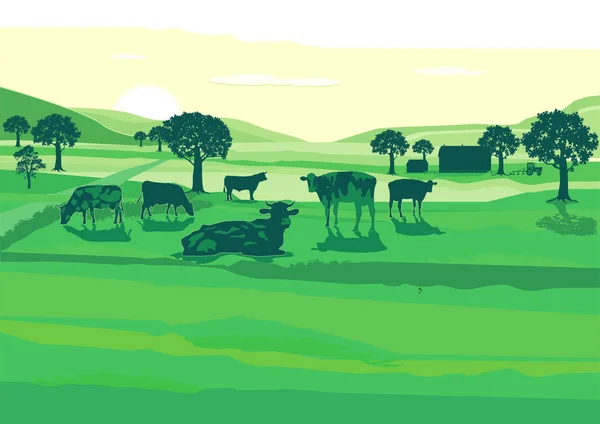 Agricultura com vacas no pasto ilustração —  Vetores de Stock