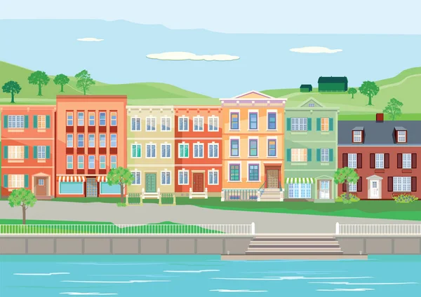 Escena perfecta con casas a lo largo de la ilustración del río — Vector de stock