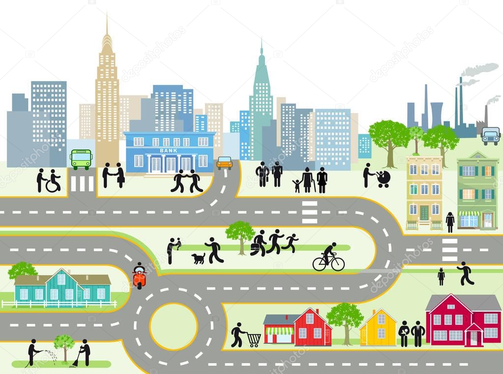 City with people and streets, illustration