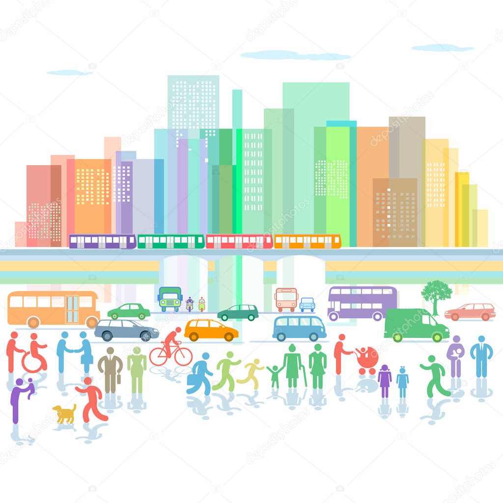 Large city panorama with road traffic and pedestrians