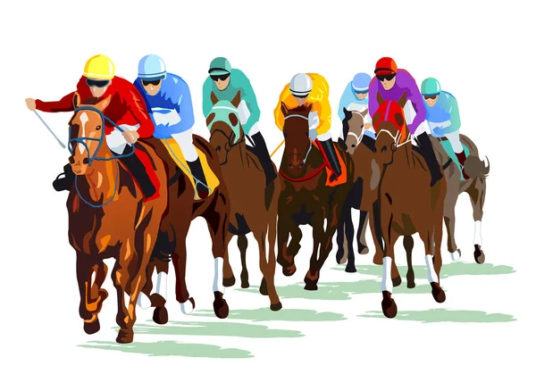 Cavalos de corrida com jóqueis na pista de corrida — Vetor de Stock