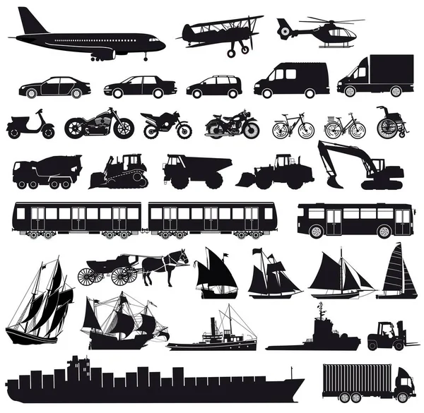 Conjunto de coches, camión, autobús, barcos, bicicletas, scooter, motocicleta , — Archivo Imágenes Vectoriales