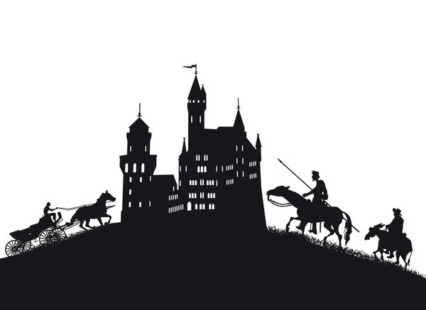 Medieval castle, with knights and coach — Stock Vector
