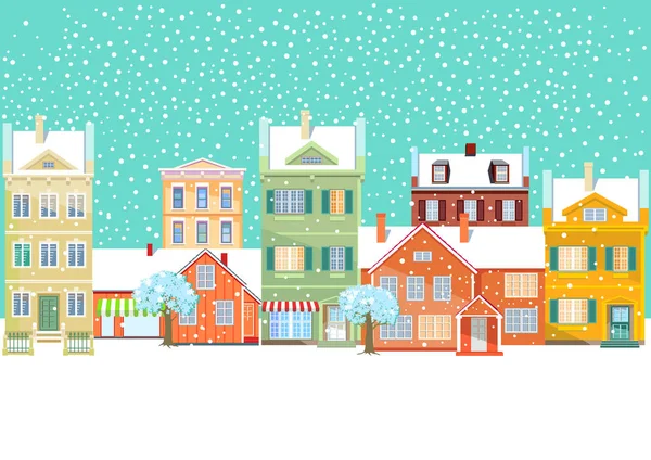 Paisaje urbano de invierno, camino nevado, Navidad — Vector de stock