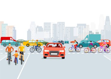 Arabalar ve bisikletçiler şehrin illüstrasyon