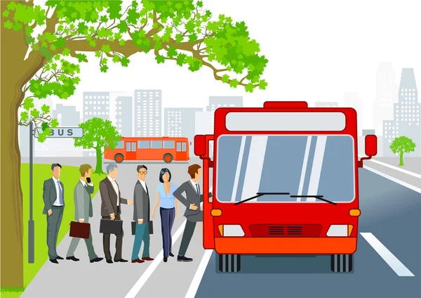 Paragem de ônibus com ônibus e passageiros —  Vetores de Stock