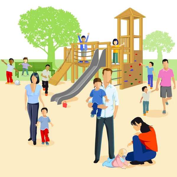 Gezinnen met kleine kinderen in de speeltuin — Stockvector