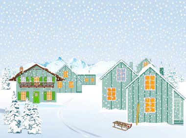 Karlı dağlarda kış peyzaj köyde