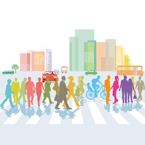 Skupina lidí na pěší přechod pro chodce. ilustrace — Stockový vektor