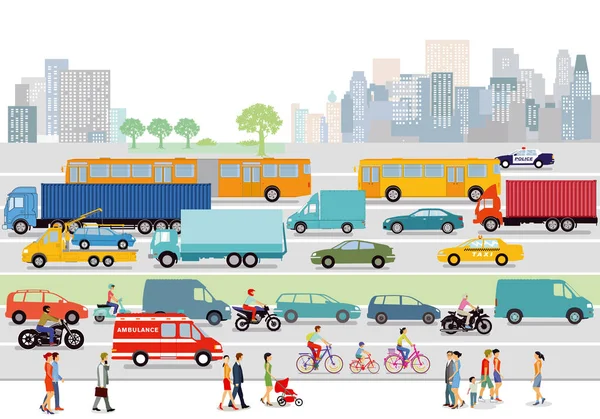 Grande ville avec la circulation routière et les piétons — Image vectorielle