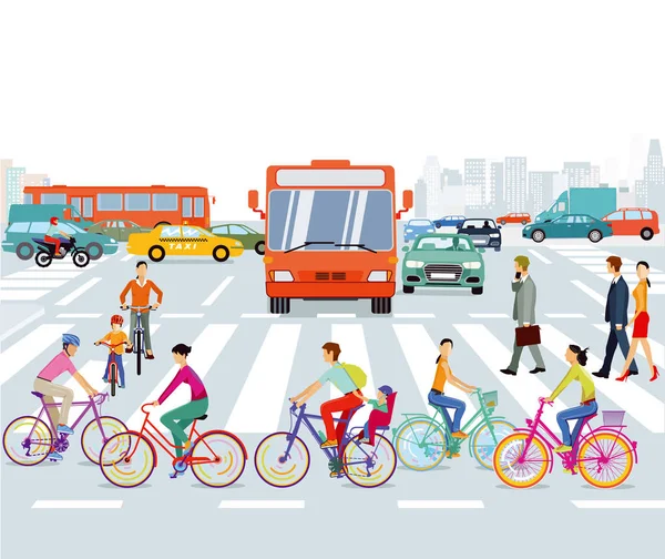 Ciudad con ciclista y tráfico por carretera, ilustración — Archivo Imágenes Vectoriales