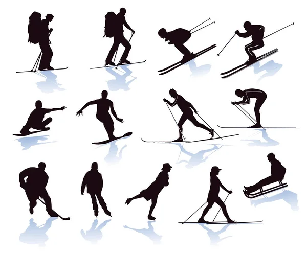 Deportes de invierno, esquiador, snowboarder, esquí — Vector de stock